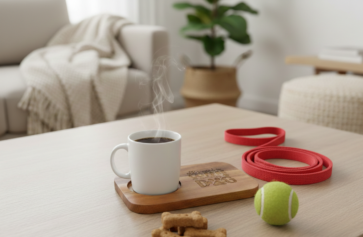 Steaming white mug on an engraved wooden coaster, with a coiled bright red dog lead, lime green tennis ball, and biscuits.