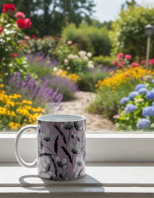 Lilac mug patterned with white flowers sits on a windowsill. Outside, a lush, colourful garden path with purple and yellow blooms.