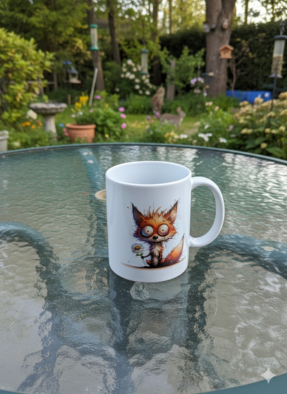 White ceramic mug with a quirky fox print reflected brightly on the rippled green glass table. Blurred garden setting with tall trees.