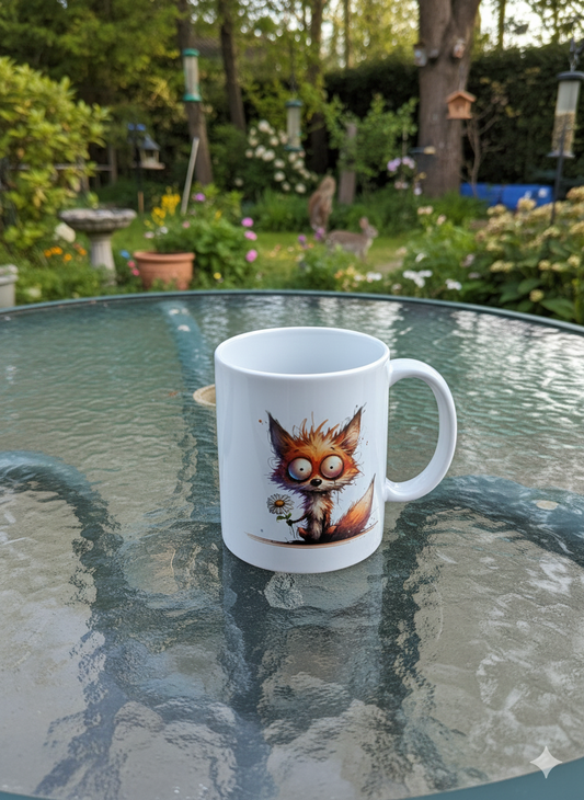 White ceramic mug with a quirky fox print reflected brightly on the rippled green glass table. Blurred garden setting with tall trees.