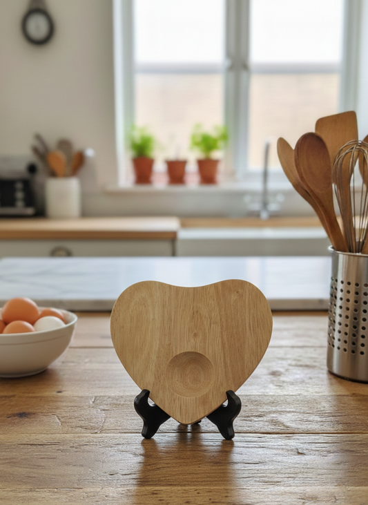 Light wood, heart-shaped plaque on a black stand, set upon a rustic wooden surface. Eggs and stainless steel utensil pot nearby.