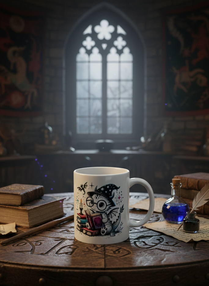 White ceramic mug showing a spotted dragon wizard reading books on a dark wooden table in a Gothic chamber.