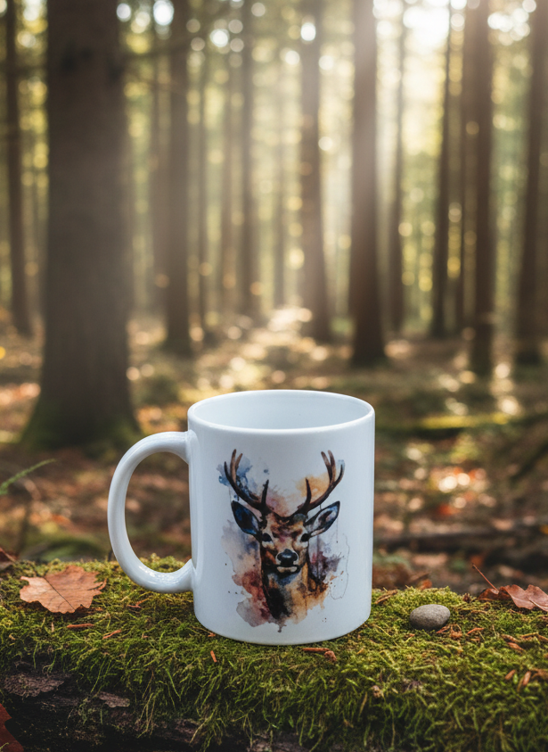 White ceramic mug displaying a colourful watercolour deer head and antlers, resting on textured green moss. Deep forest background.