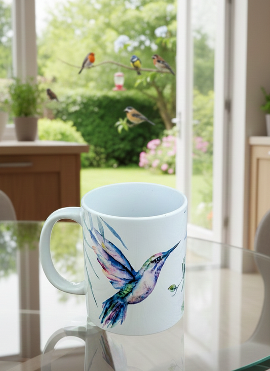 White ceramic mug featuring a watercolour illustration of a blue, purple, and teal hummingbird on a reflective glass table.
