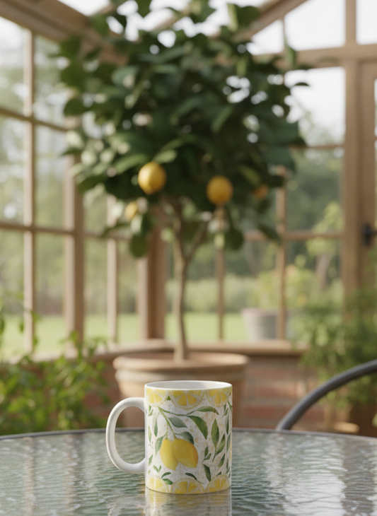 White mug patterned with yellow lemons and green leaves rests on a textured glass table, blurred potted lemon tree behind.
