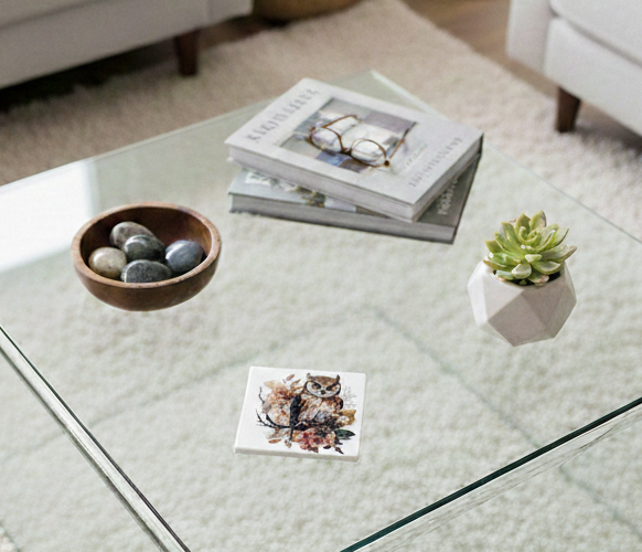 An owl watercolour coaster on a glass table with a wooden bowl of grey stones and a white geometric pot.