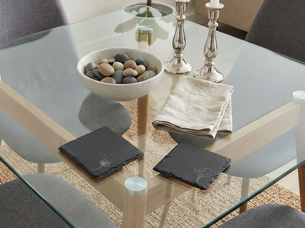 Pair of square, textured charcoal slate coasters with intricate white floral designs on a clear glass table.