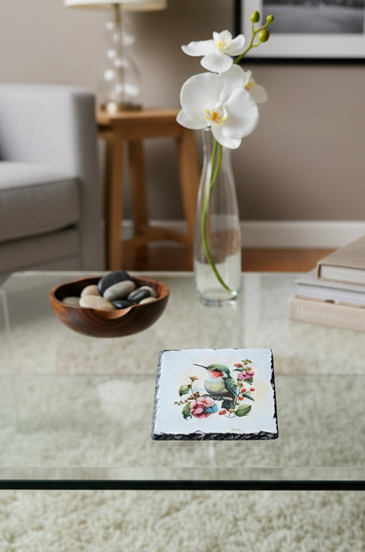 Square slate coaster featuring a colourful hummingbird and pink flowers. It rests on a clear glass table beside a white orchid.