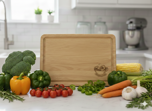 Light brown wooden cutting board, etched with a bowl design, surrounded by colourful fresh vegetables on a white countertop.
