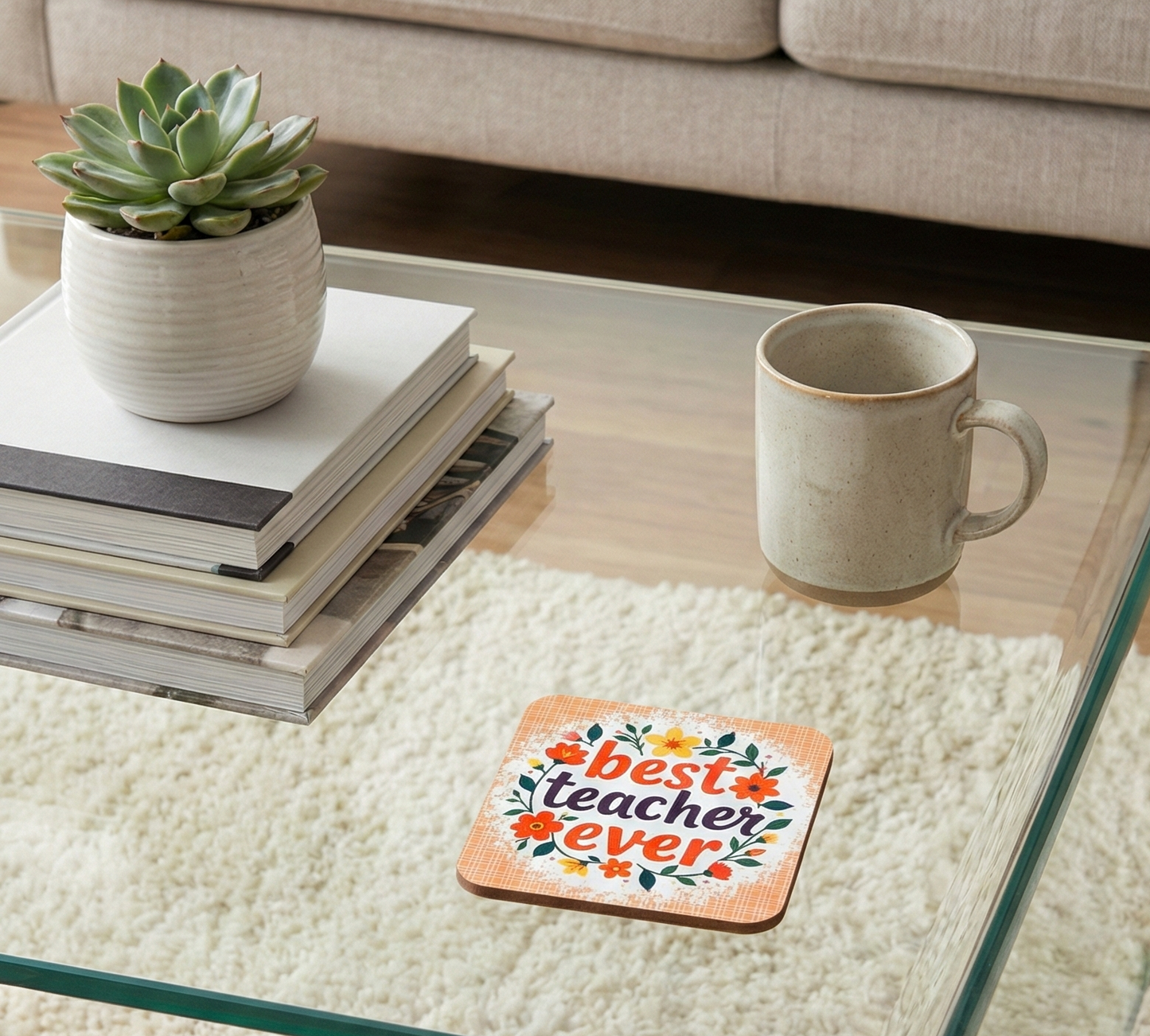 Orange checked square coaster with 'best teacher ever' and flowers on a glass table near a green potted succulent.