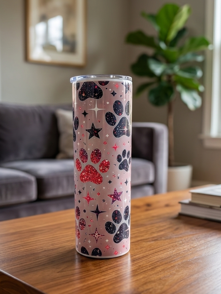 Tall pink tumbler with glittery paw print and star patterns on a wooden table before a grey sofa and plant.