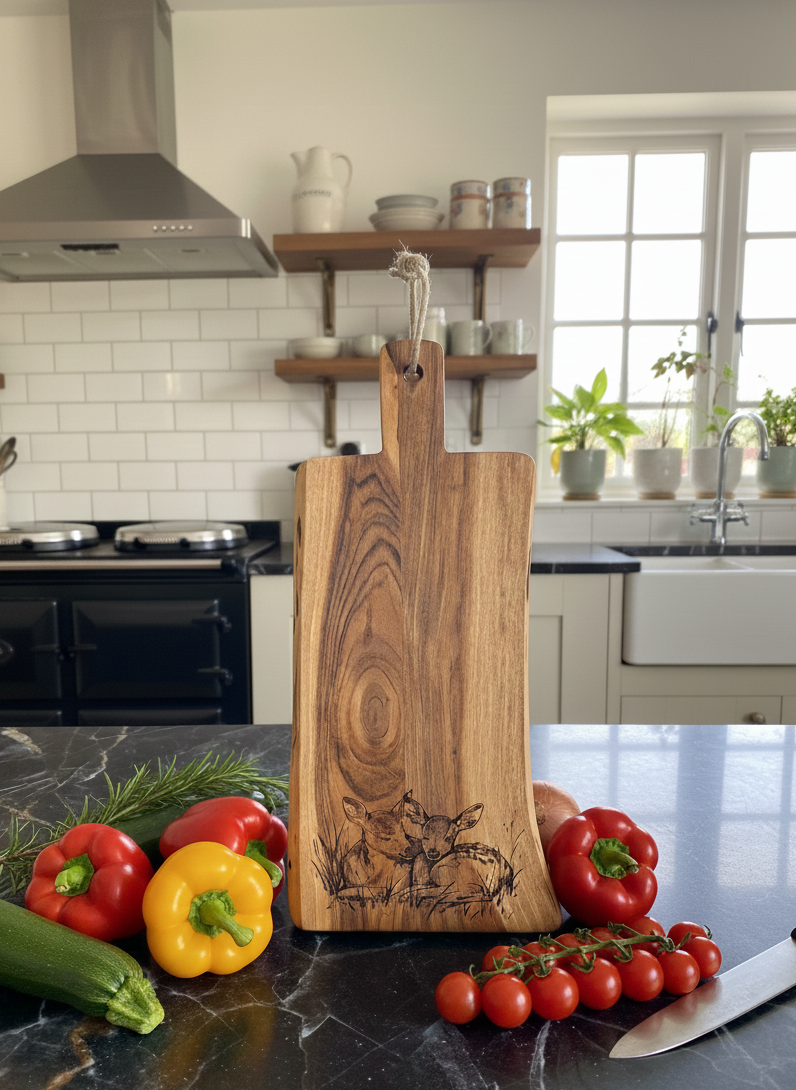 Grainy, dark wooden cutting board engraved with deer, standing vertically on a black marble counter surrounded by colourful peppers.