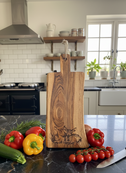Grainy, dark wooden cutting board engraved with deer, standing vertically on a black marble counter surrounded by colourful peppers.