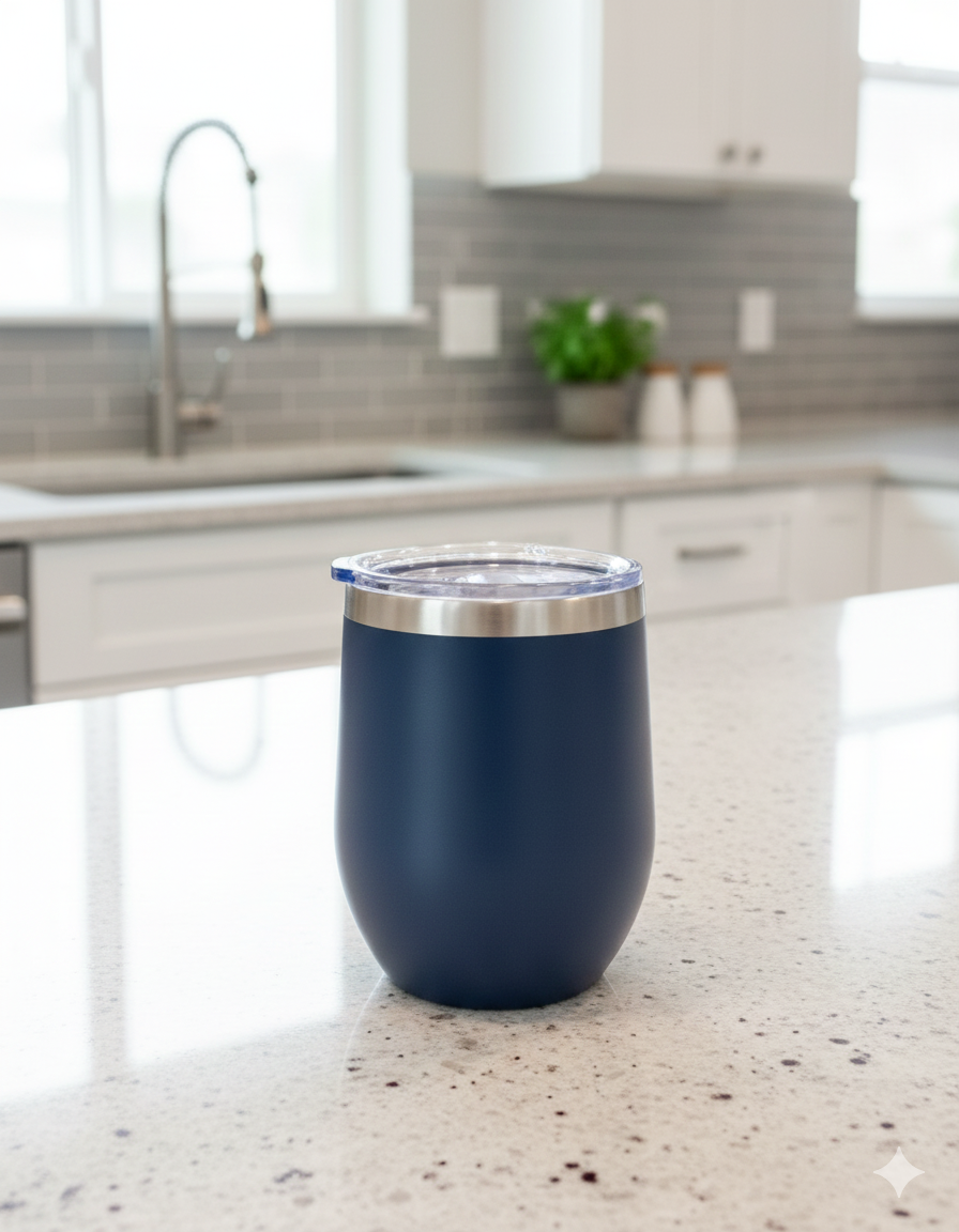 Dark navy blue, matte tumbler standing on a light, speckled grey granite countertop in a modern white kitchen.