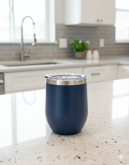 Dark navy blue, matte tumbler standing on a light, speckled grey granite countertop in a modern white kitchen.