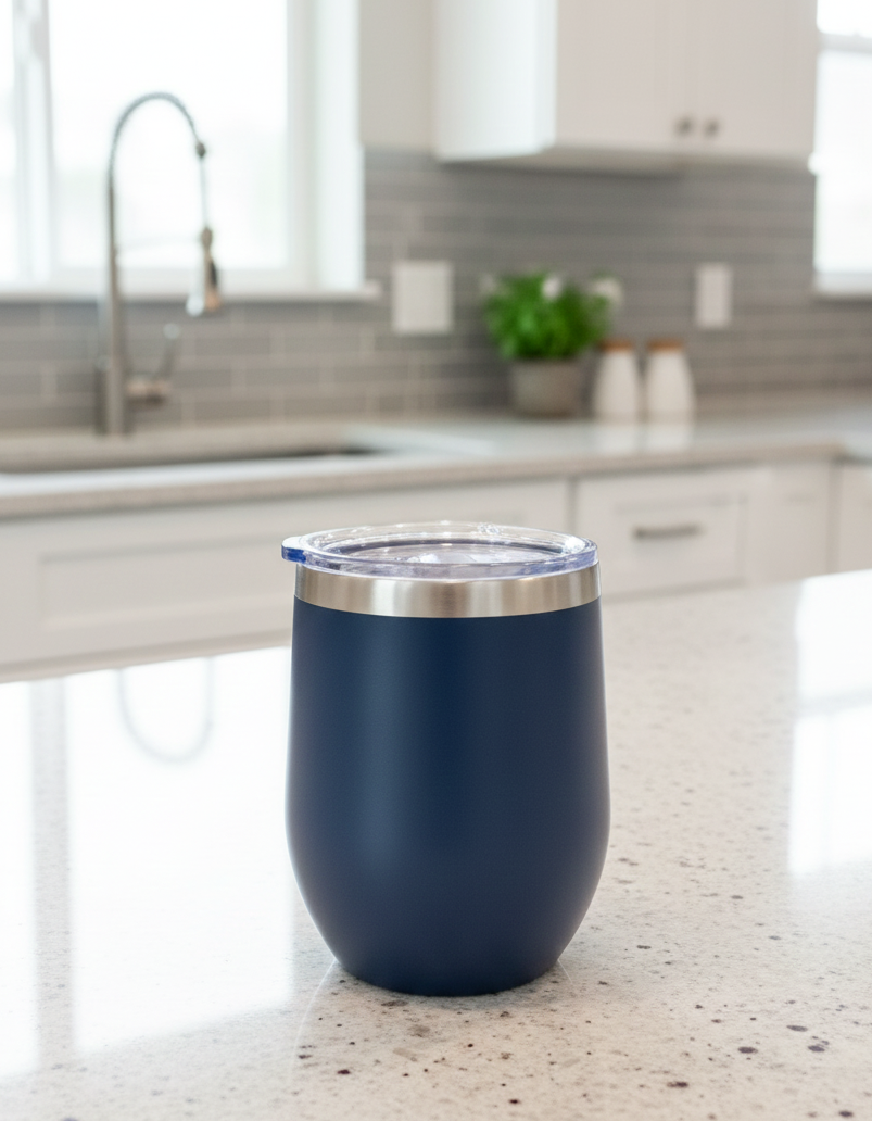 A matte navy blue insulated tumbler sits on a speckled grey granite countertop in a bright kitchen setting.