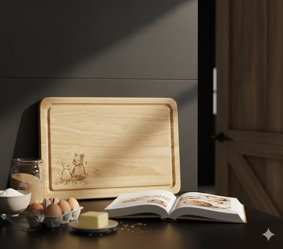 Light wooden board engraved with rabbit and squirrel, placed beside baking ingredients (eggs, flour, butter) on a dark work surface.
