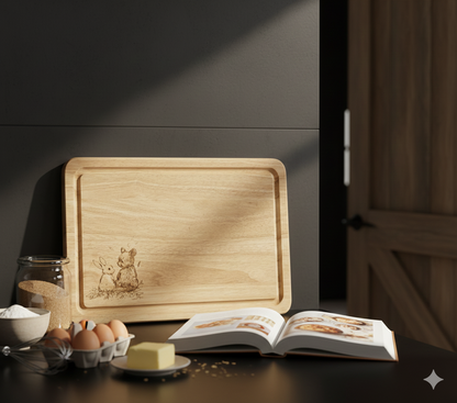Light wooden board engraved with rabbit and squirrel, placed beside baking ingredients (eggs, flour, butter) on a dark work surface.