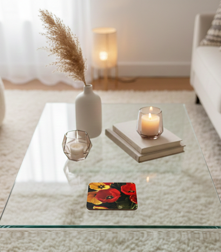 Square coaster showing red and yellow tulips on a glass coffee table in a cosy, minimalist interior.