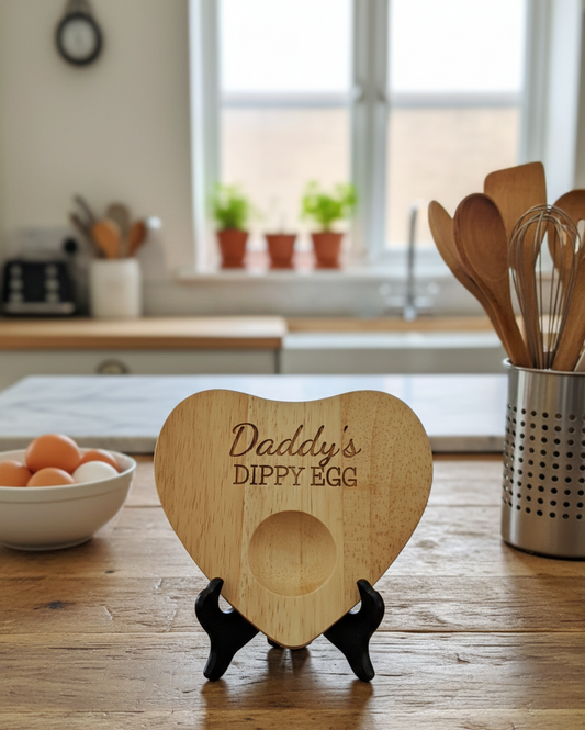 A standing heart-shaped light wood board, engraved, held by a black easel on a rustic wooden counter.
