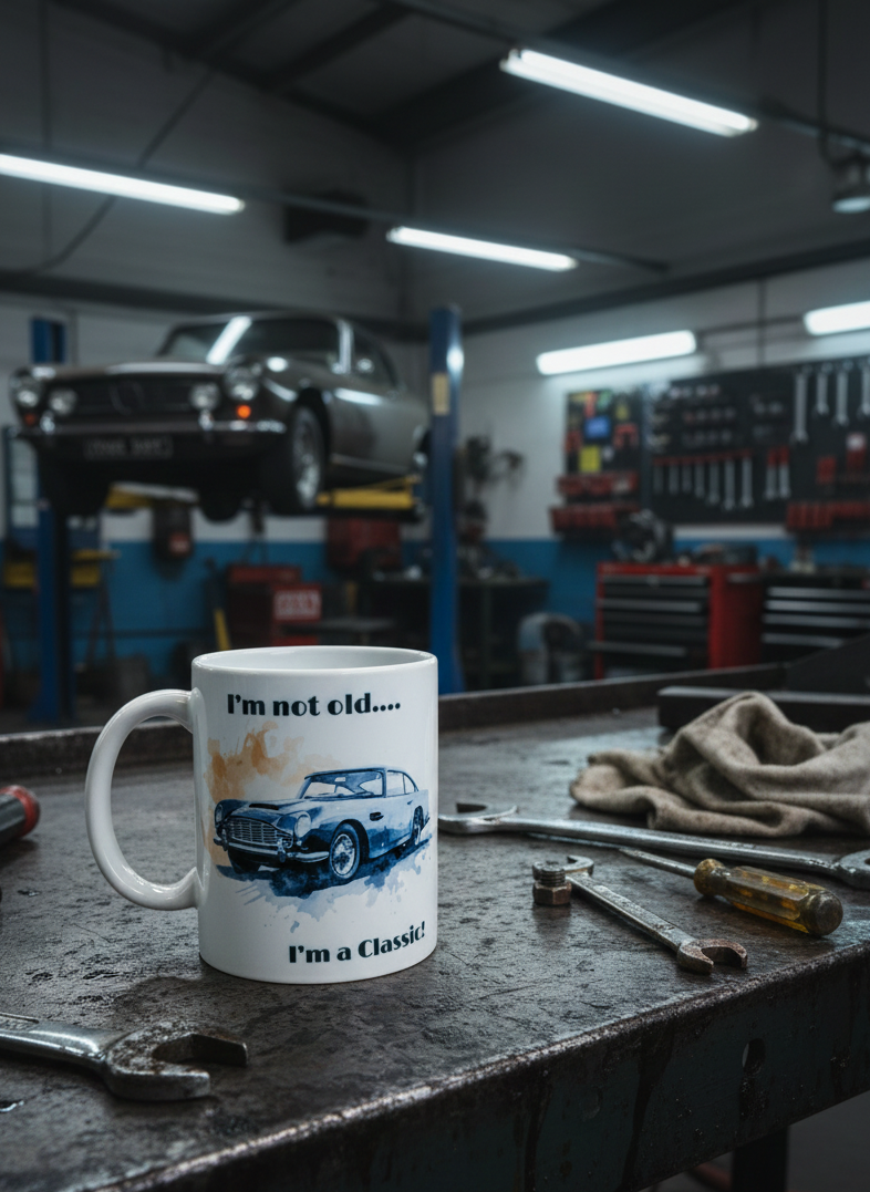 A white ceramic coffee mug featuring a watercolor-style illustration of a classic blue sports car and the text "I'm not old... I'm a Classic!"