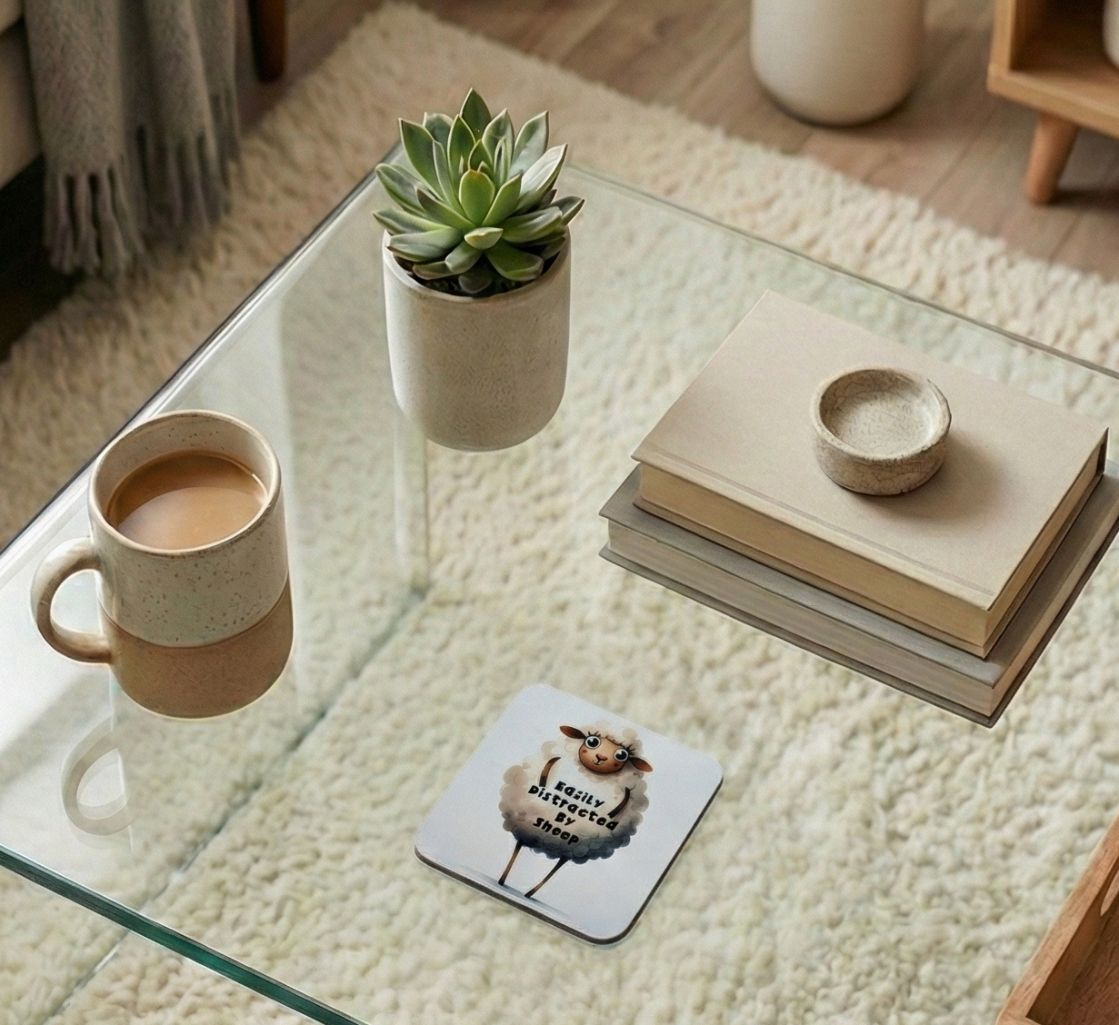 Cartoon sheep coaster on a glass table with a green plant and a beige ceramic mug against a white shag rug.