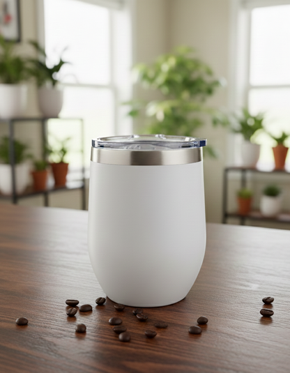 Matte white, curved tumbler with a stainless steel rim sitting on a rich brown wooden surface, surrounded by coffee beans.