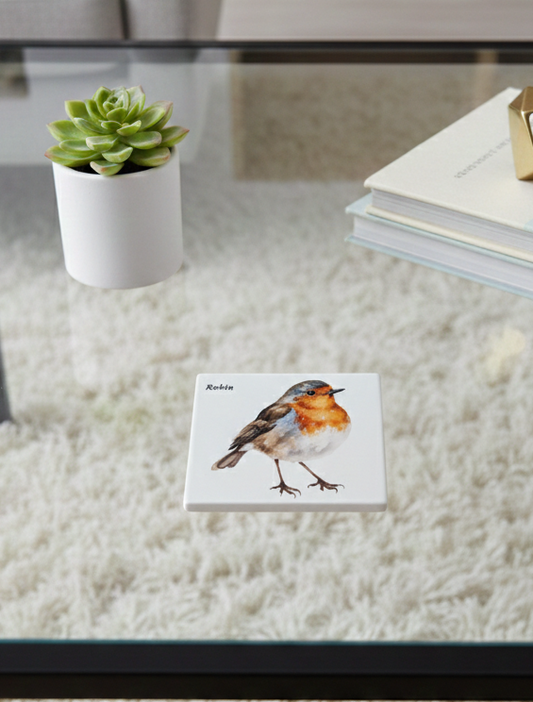 White ceramic coaster depicting a plump, reddish-orange and brown European Robin. On glass above a fuzzy cream carpet.