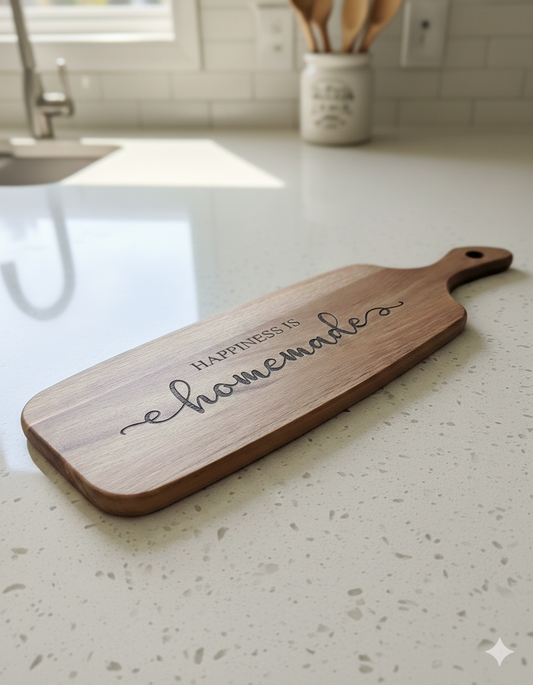 Long, brown wooden paddle board, etched with "Happiness is homemade" script, lying flat on a bright speckled white countertop.