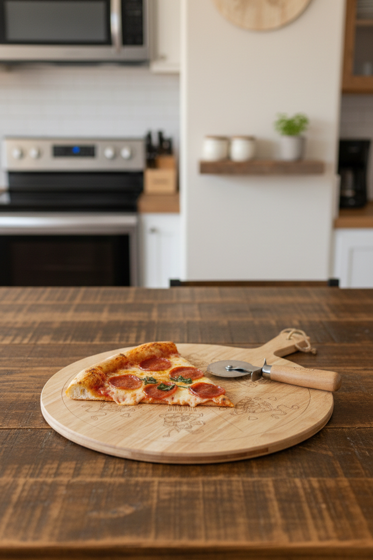 A slice of pepperoni pizza and a silver cutter rest on a light wood, engraved serving board atop a dark, textured wooden table.