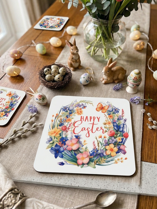 A square mat with a wreath of pink and orange flowers on a linen runner, beside a bird's nest and ceramic rabbits.