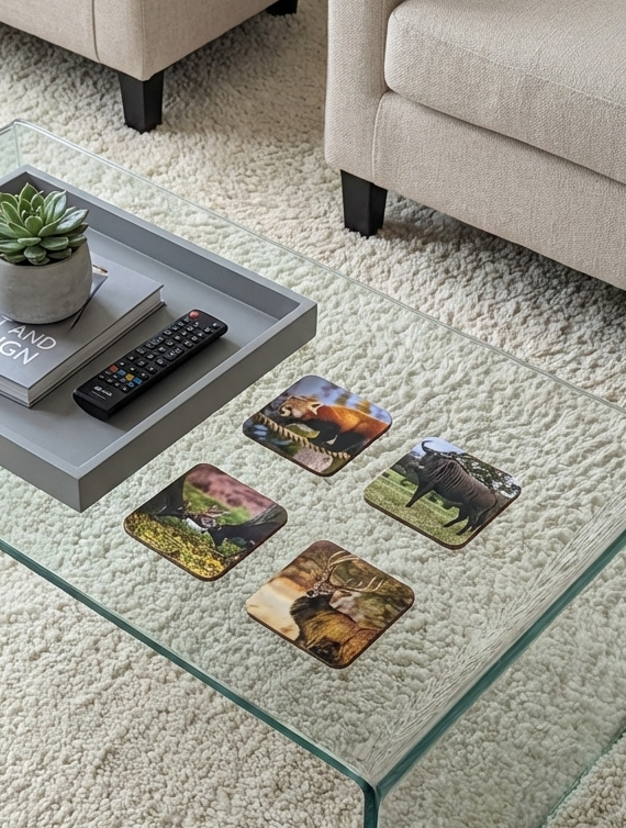Four square coasters showing a red panda, gnu, deer, and stag on a glass table beside a grey tray with a succulent.
