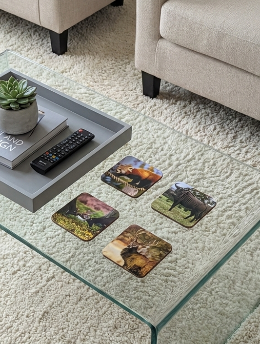 Four square coasters showing a red panda, gnu, deer, and stag on a glass table beside a grey tray with a succulent.
