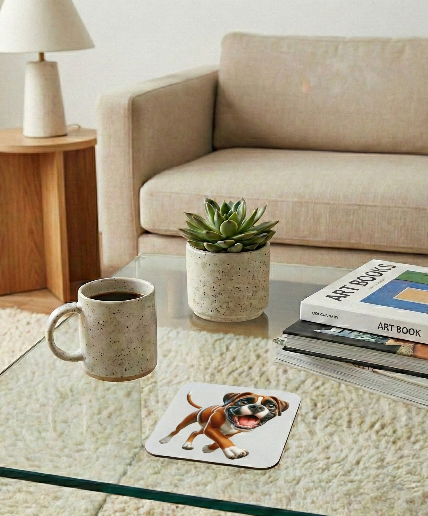 Excited Boxer dog coaster on a glass table. A speckled mug, art books, and a plant pot are in the background.