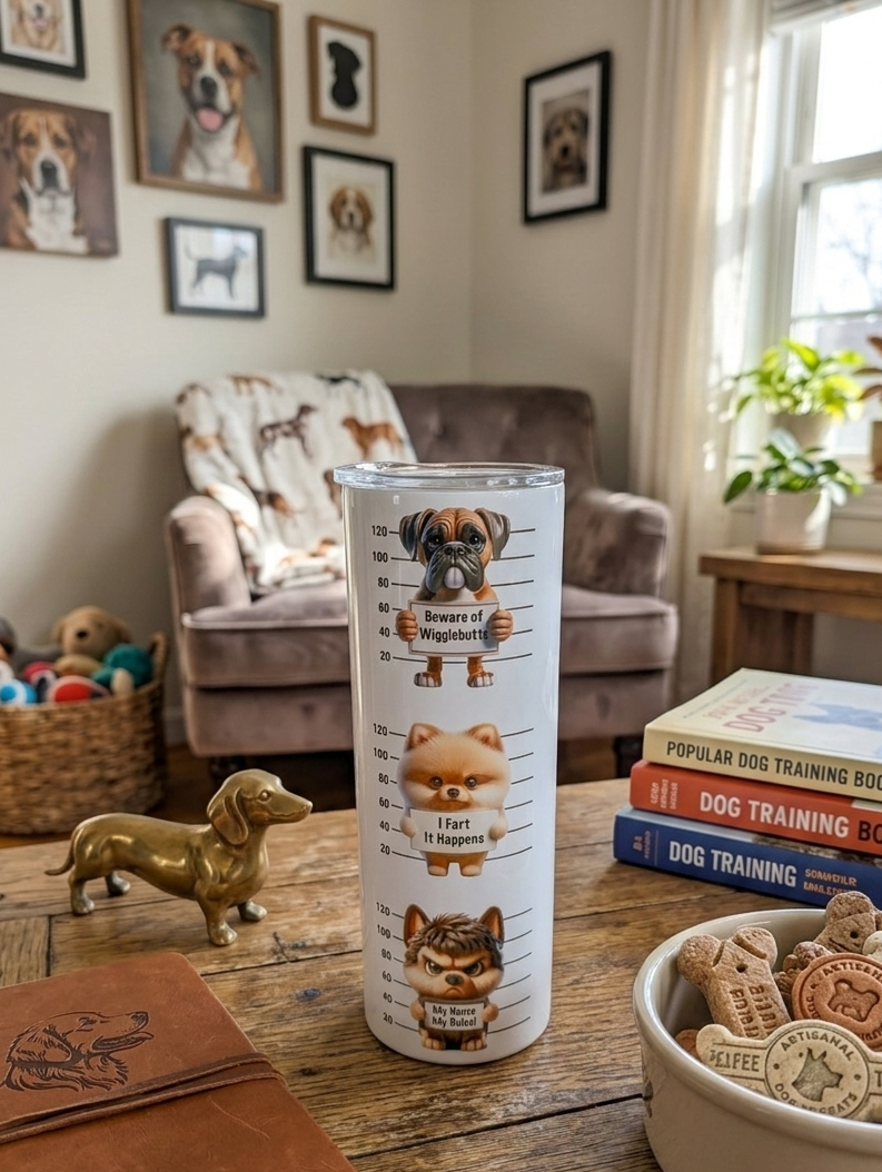 White tumbler showing dog mugshots, including a boxer, on a wooden table with a brass dachshund and dog biscuits.