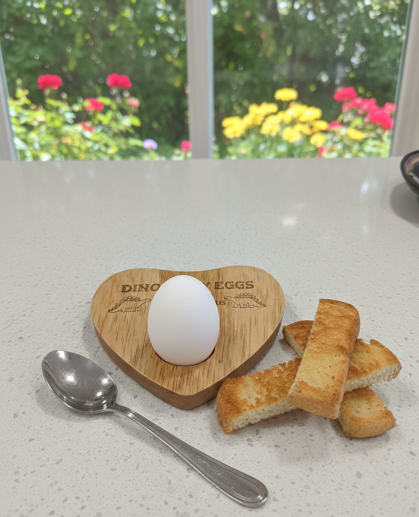 Heart-shaped wooden egg board holding a white egg, beside a silver spoon and golden-brown toasted bread fingers.