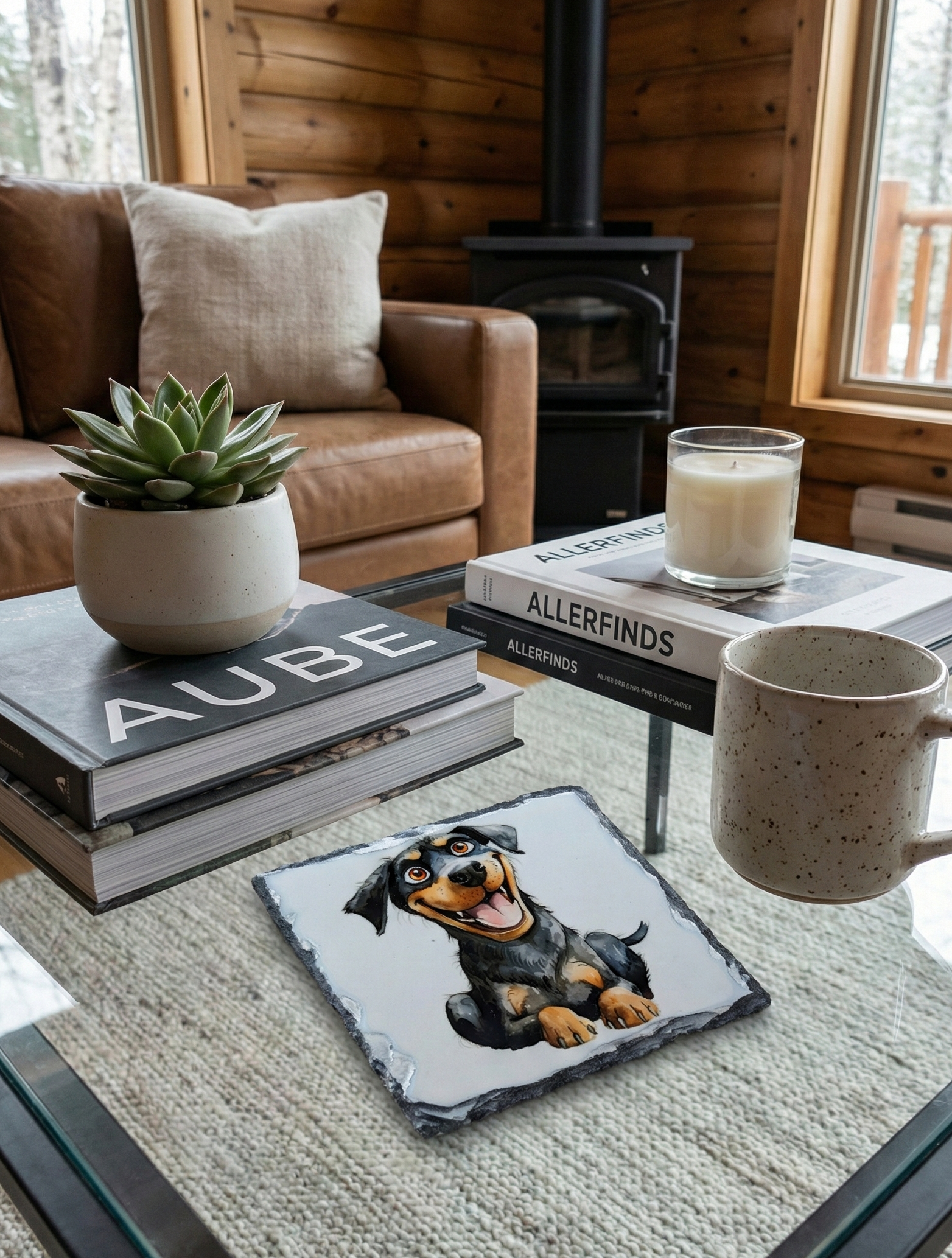 Slate coaster featuring a happy black and tan dog, on a glass table in a cosy room with log walls.
