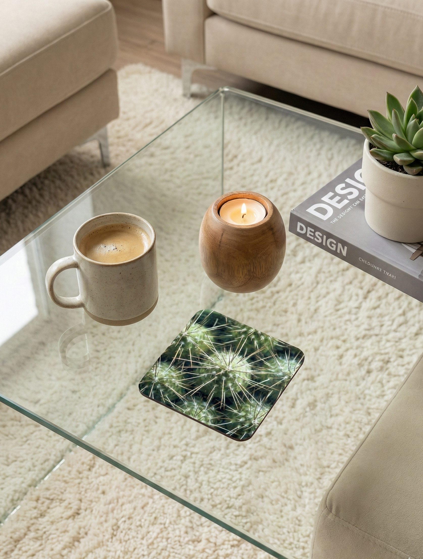 A square coaster displays a radial pattern of light-green cactus spines. Nearby are a stone mug and a burning wooden candle.