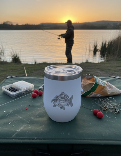 White, curved tumbler with carp engraving, silver rim. On a dark green mat with bait, silhouetting a fisherman at sunset.