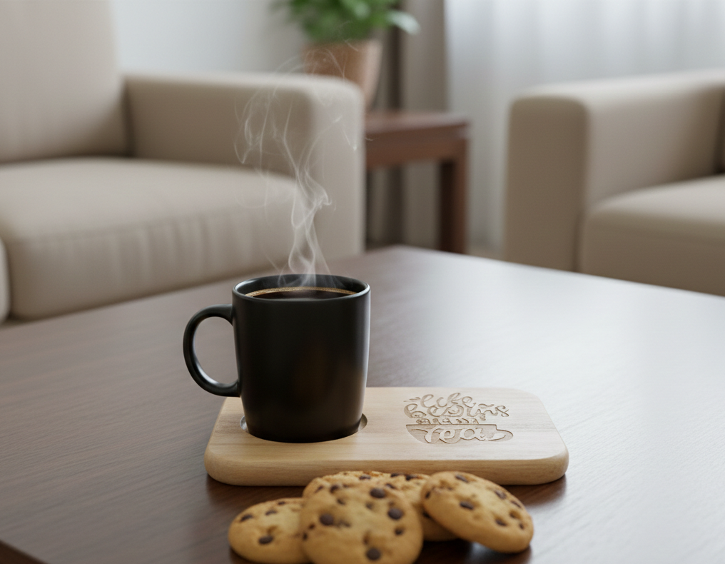 Steaming matte black mug on a light bamboo coaster engraved with text. Four chocolate chip biscuits sit on the dark table.
