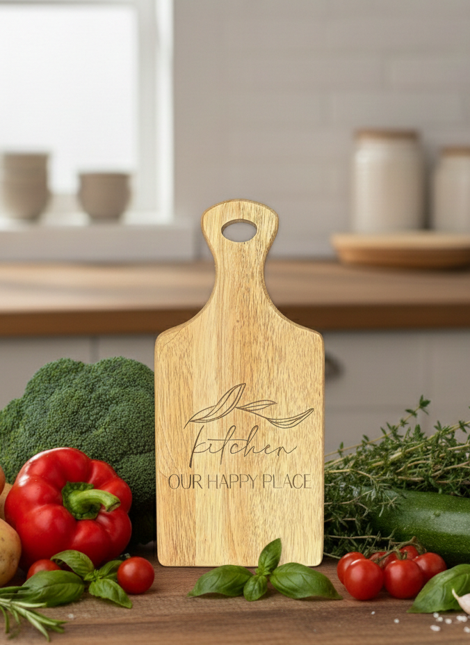 Light brown wooden chopping board engraved with "kitchen Our Happy Place", upright among red pepper, broccoli, and herbs.