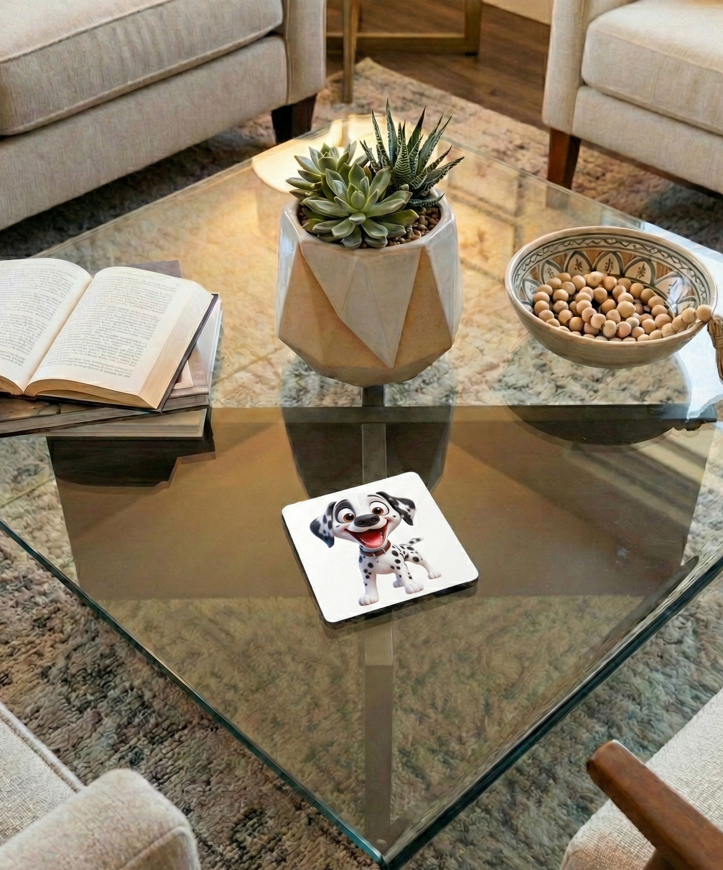 Spotted Dalmatian dog coaster on a glass coffee table in a modern lounge with light grey armchairs.