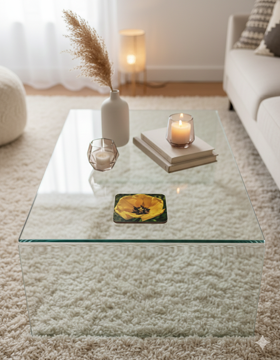Square coaster with a single yellow tulip close-up on a glass table, surrounded by soft textures and warm light.