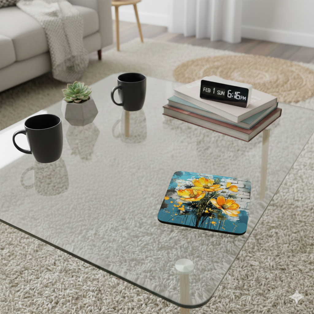 Bright yellow flower coaster with teal and white painted details on a clear glass table. Modern, neutral lounge setting.