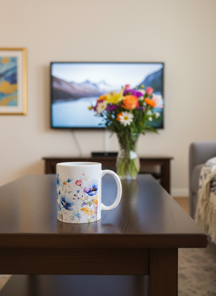 White mug with blue and purple floral art sits on a polished, dark rectangular wooden table.