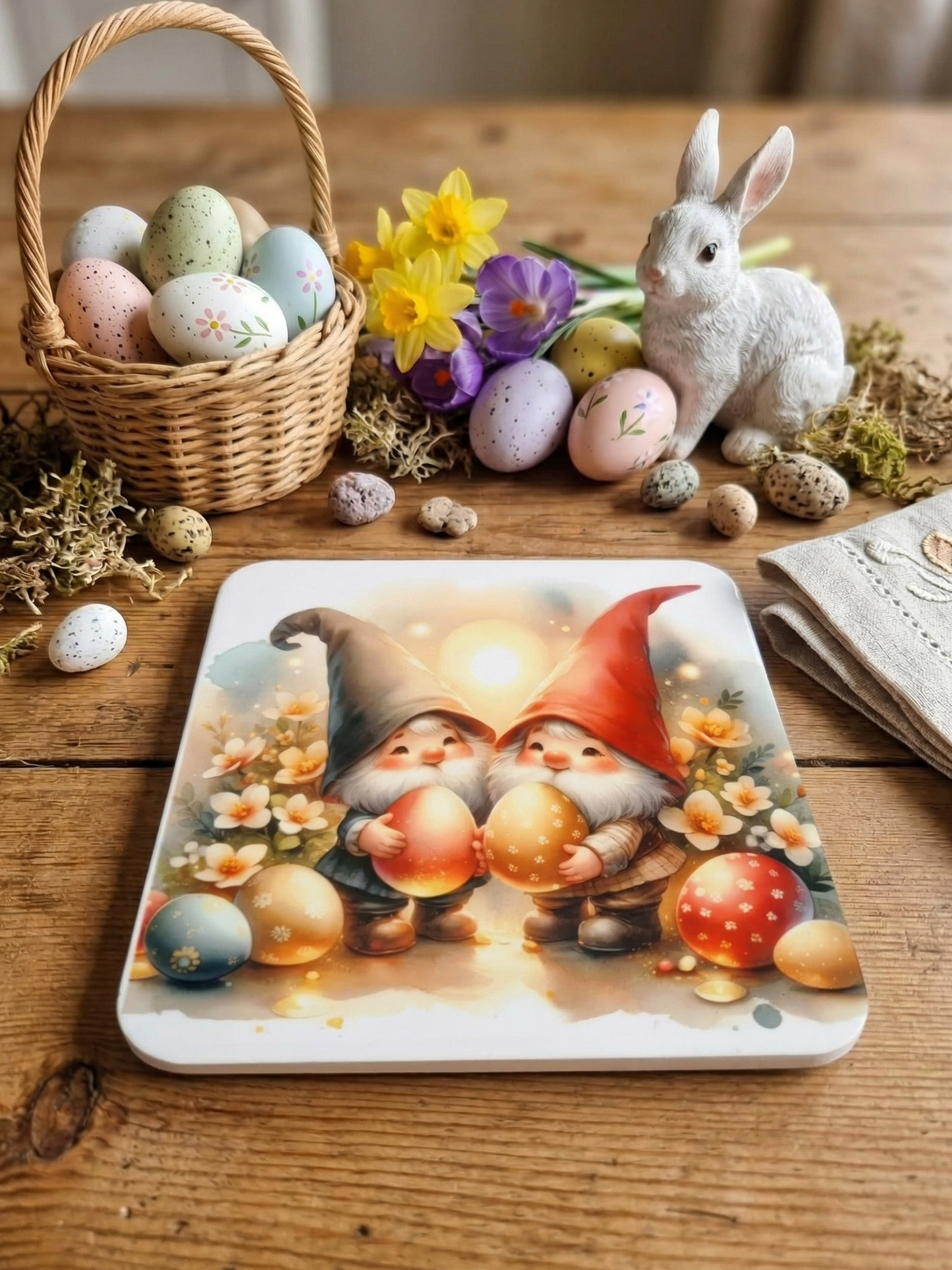 Two gnomes in grey and red hats hold glowing eggs on a coaster, on a wooden table with spring flowers and eggs.