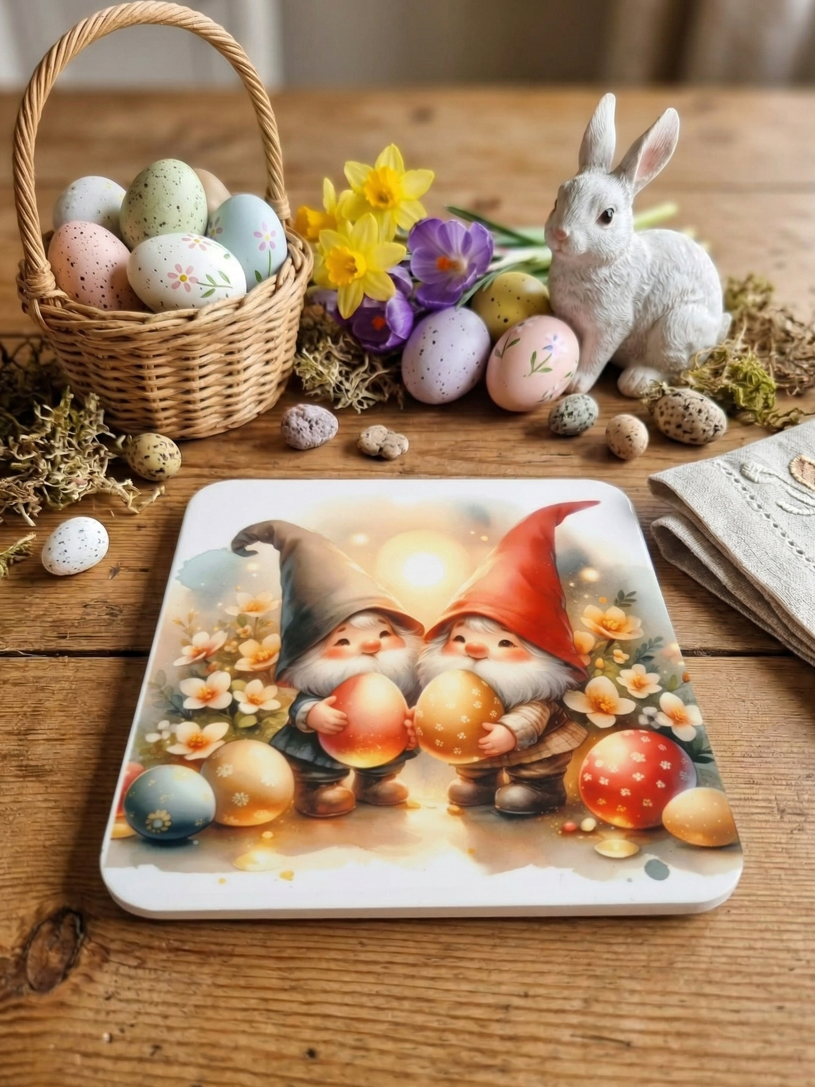 Two gnomes in grey and red hats hold glowing eggs on a coaster, on a wooden table with spring flowers and eggs.