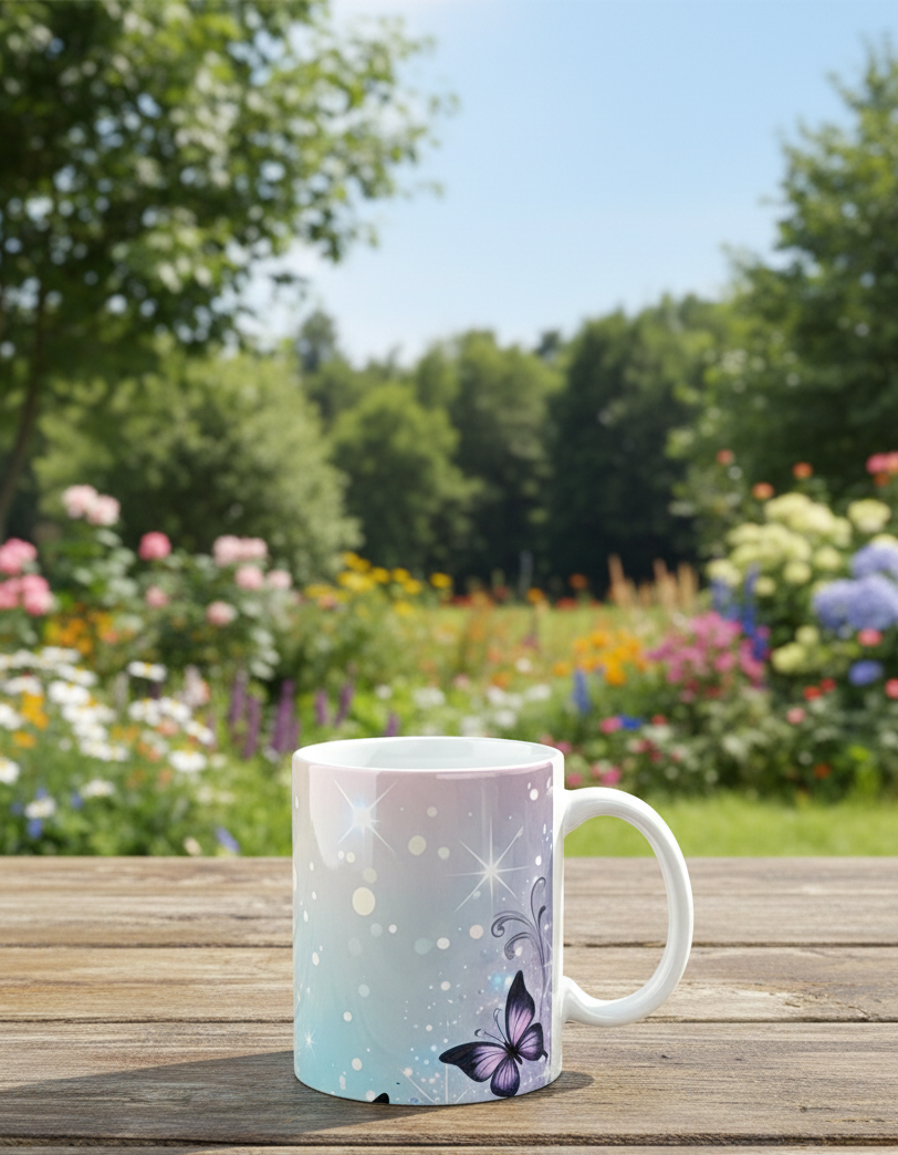 Please remove background and place on a wooden table in the garden with views of trees, flowers in the background