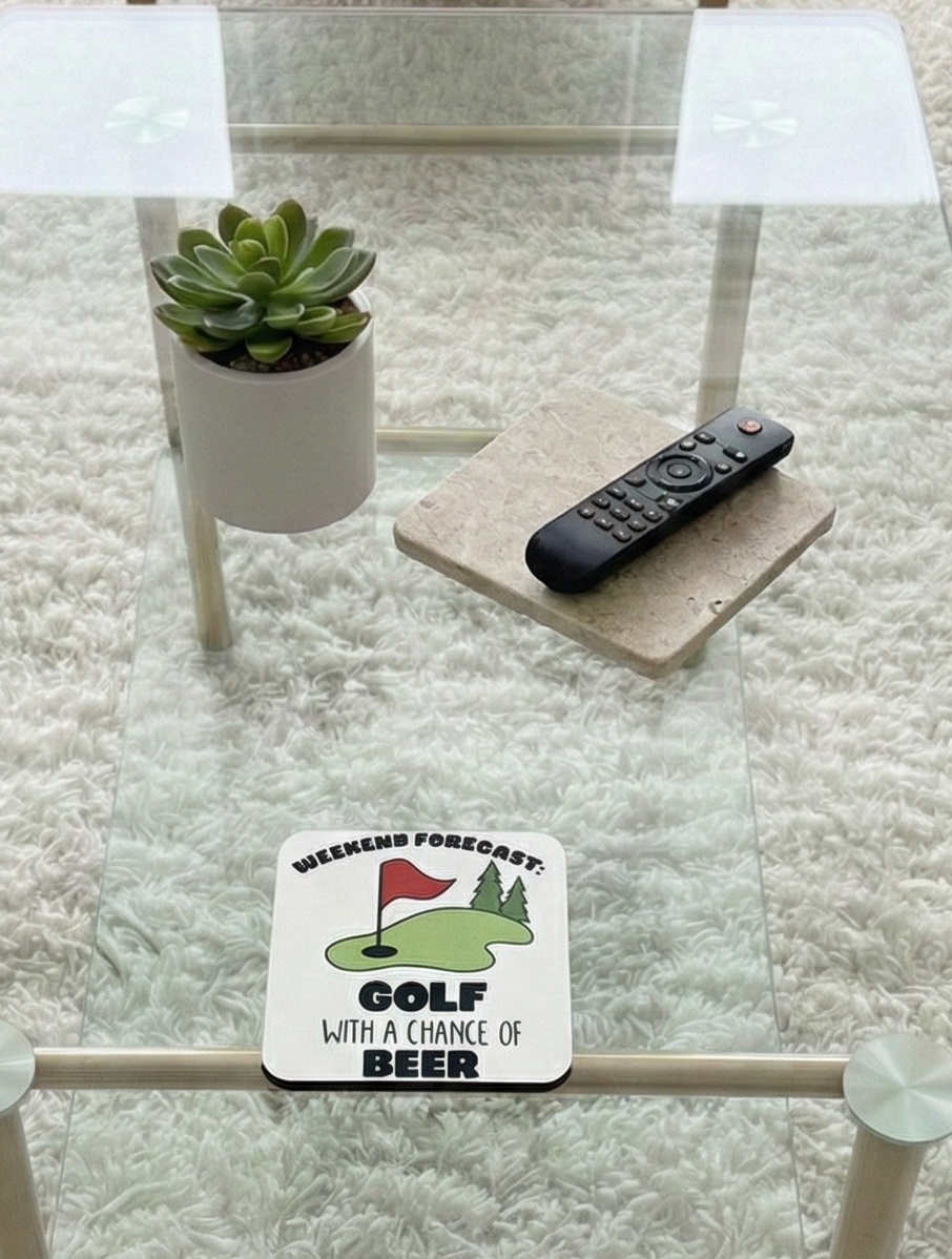 Square white coaster with a green golf course graphic and text, on a glass table over a soft white shaggy rug.