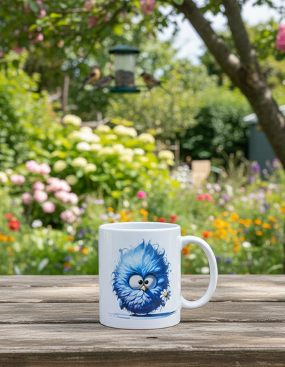 Product shot of a white mug decorated with a cute, wide-eyed blue bird graphic holding a daisy. The mug is placed outdoors on a rustic picnic table, overlooking a lush summer garden with birds visiting a feeder in the distance.